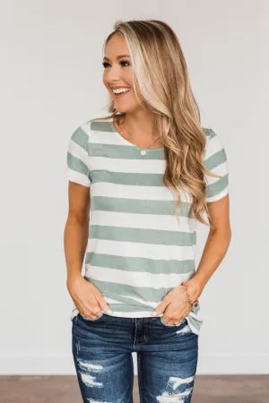 Paradise Awaits Striped Tee- Ivory & Dusty Sage