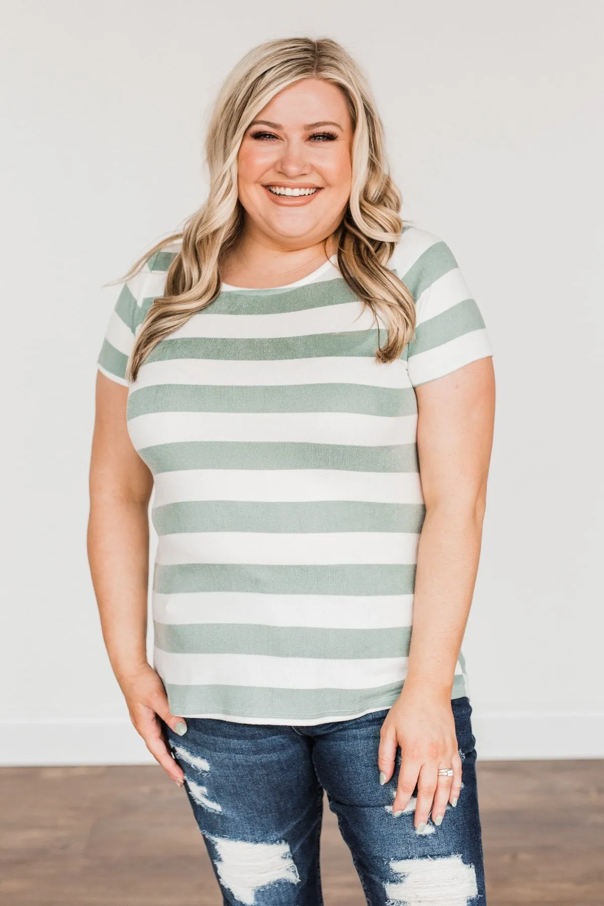 Paradise Awaits Striped Tee- Ivory & Dusty Sage