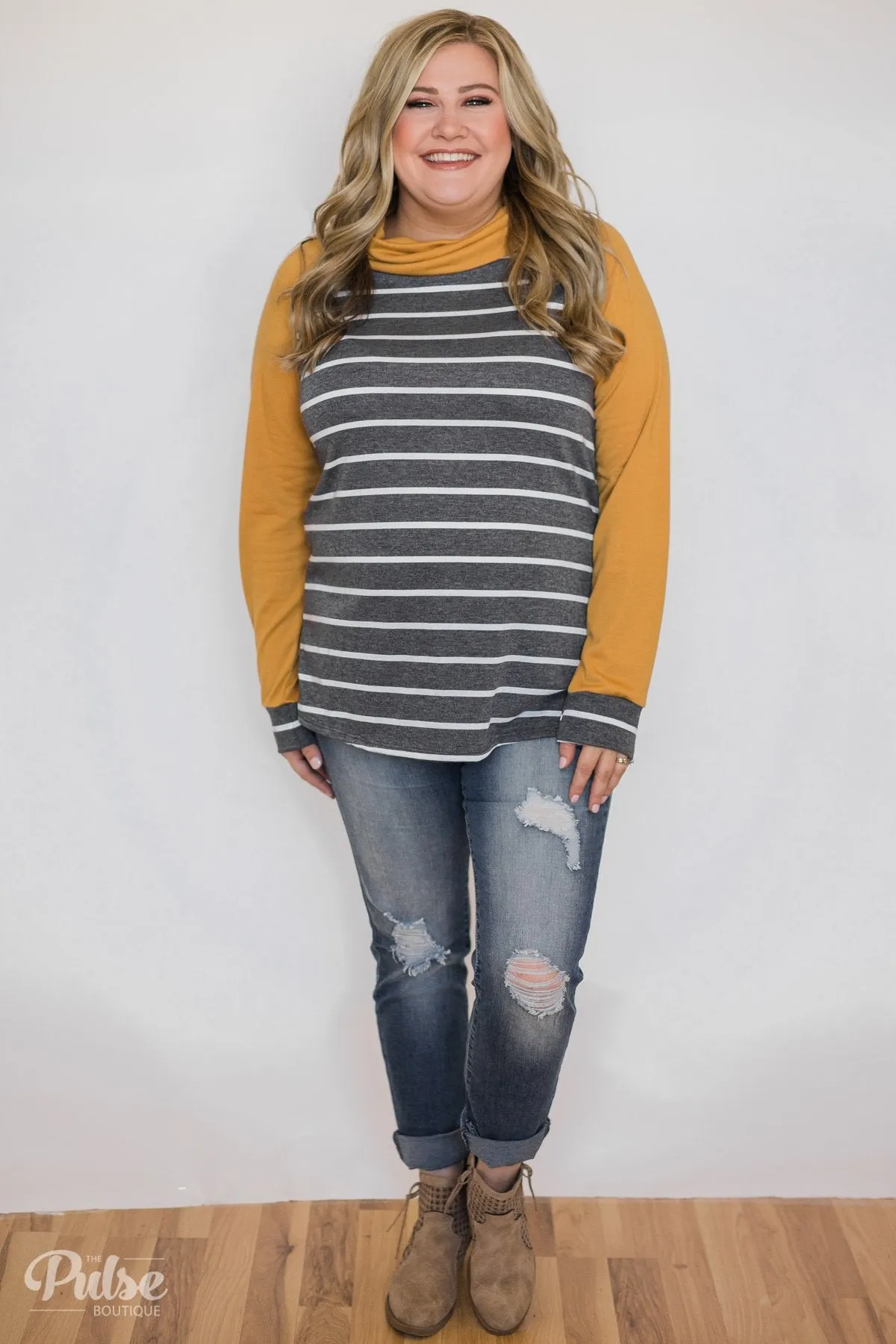 Perfect Match Striped Elbow Patch Cowl Neck- Mustard