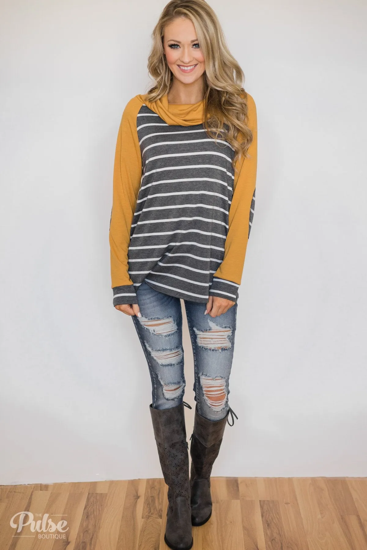 Perfect Match Striped Elbow Patch Cowl Neck- Mustard