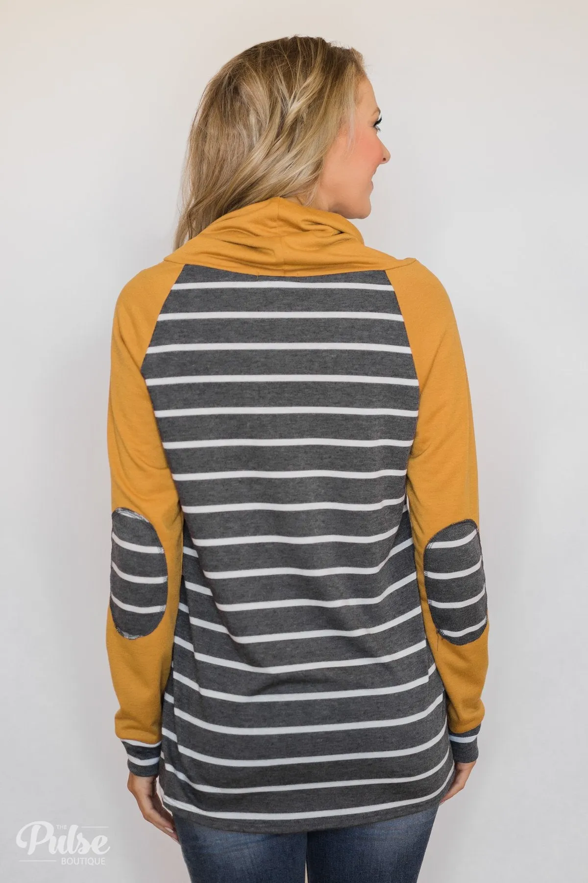 Perfect Match Striped Elbow Patch Cowl Neck- Mustard