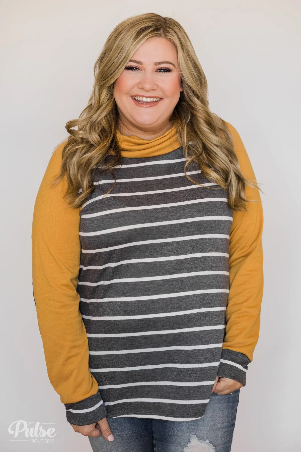 Perfect Match Striped Elbow Patch Cowl Neck- Mustard