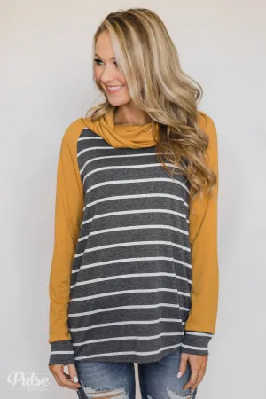 Perfect Match Striped Elbow Patch Cowl Neck- Mustard