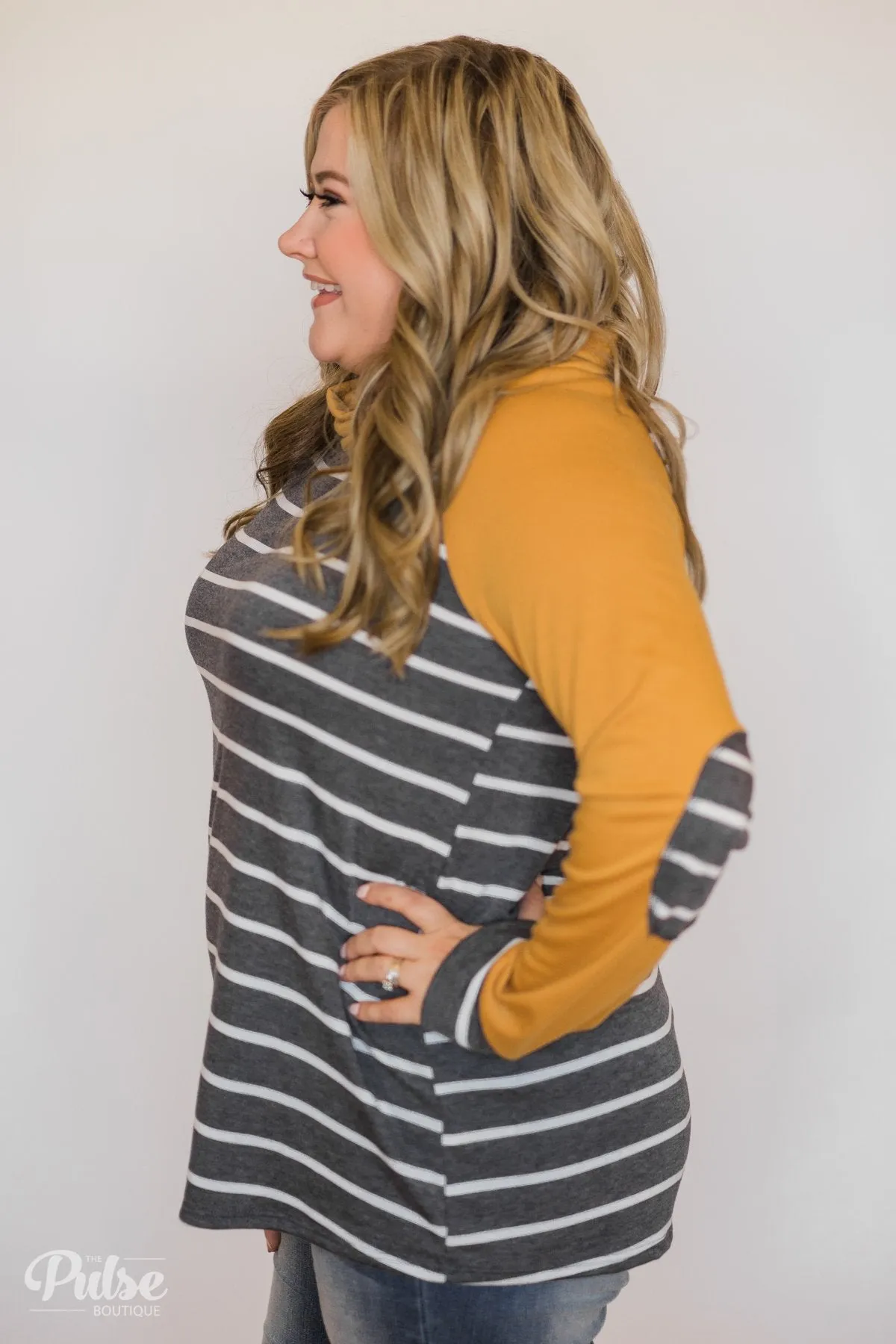 Perfect Match Striped Elbow Patch Cowl Neck- Mustard