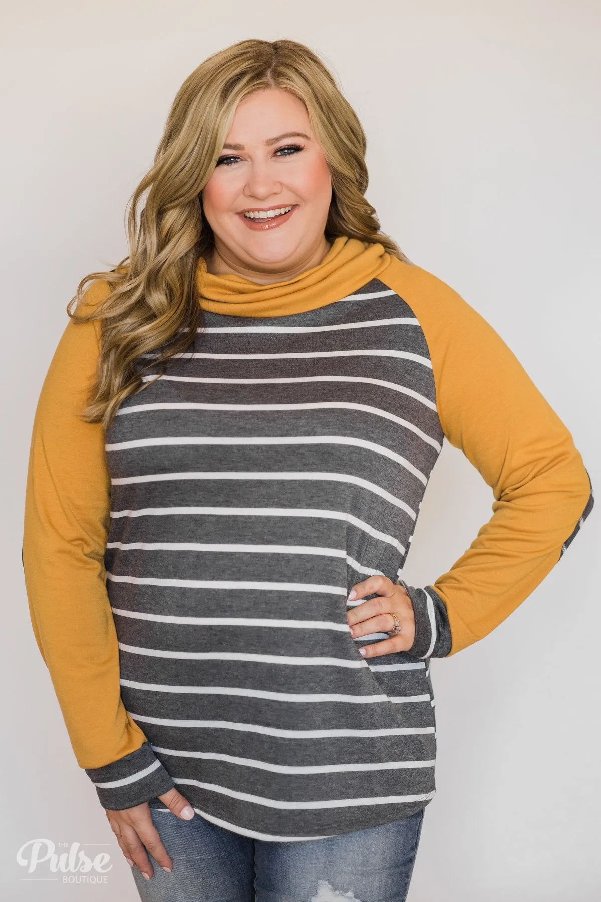 Perfect Match Striped Elbow Patch Cowl Neck- Mustard