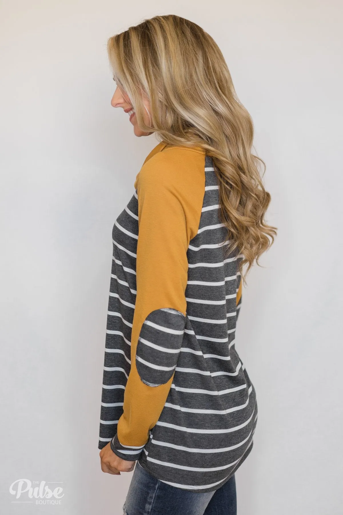 Perfect Match Striped Elbow Patch Cowl Neck- Mustard
