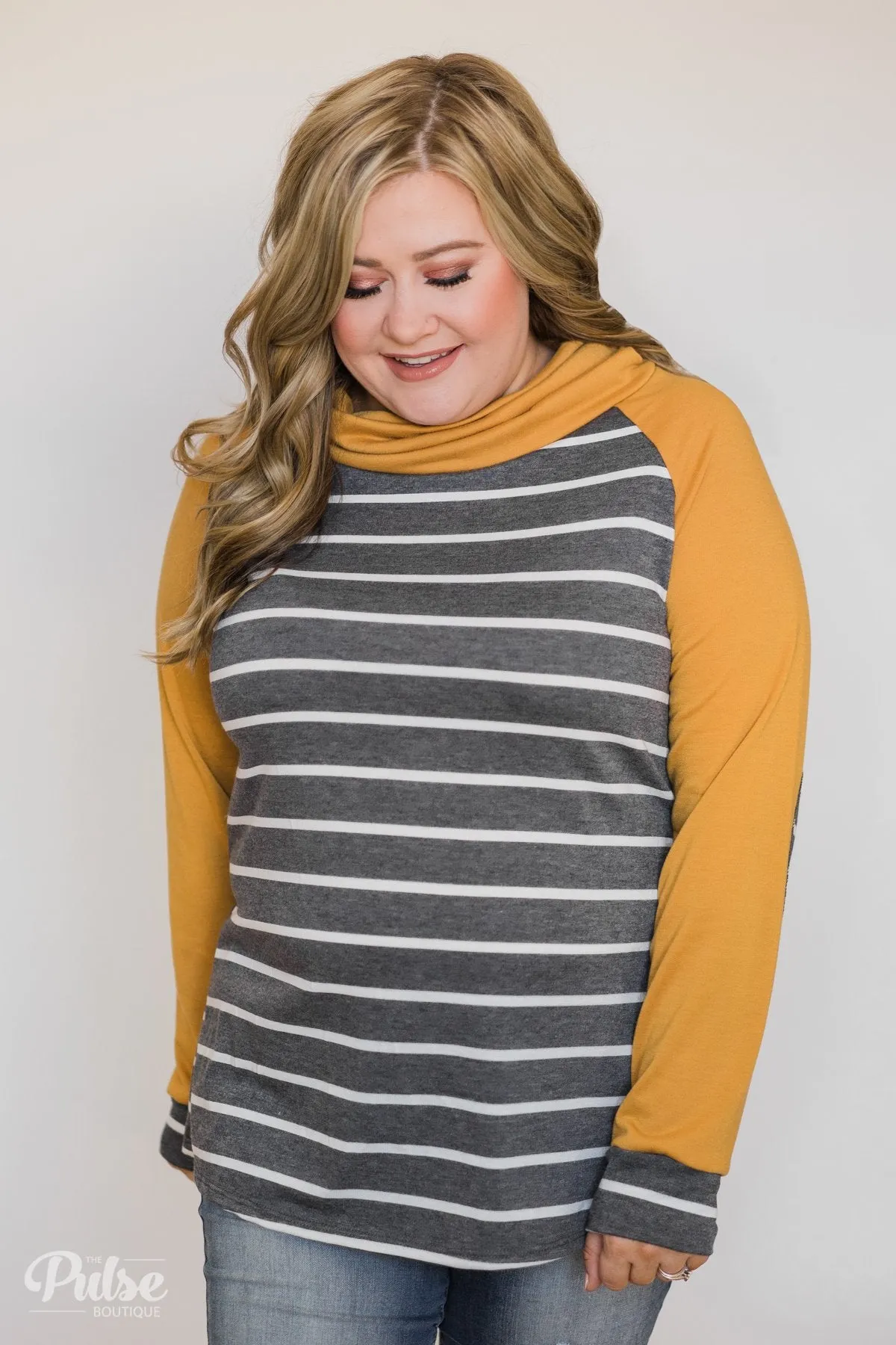 Perfect Match Striped Elbow Patch Cowl Neck- Mustard