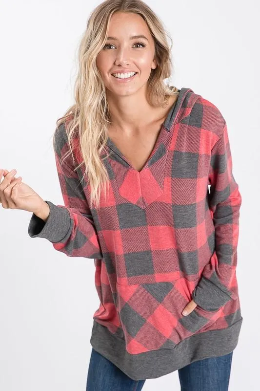 Peyton Plaid V-Neck Hooded Top