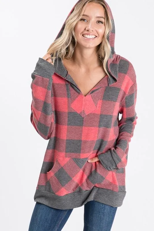 Peyton Plaid V-Neck Hooded Top