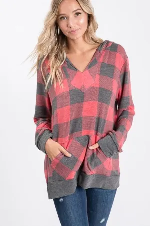 Peyton Plaid V-Neck Hooded Top