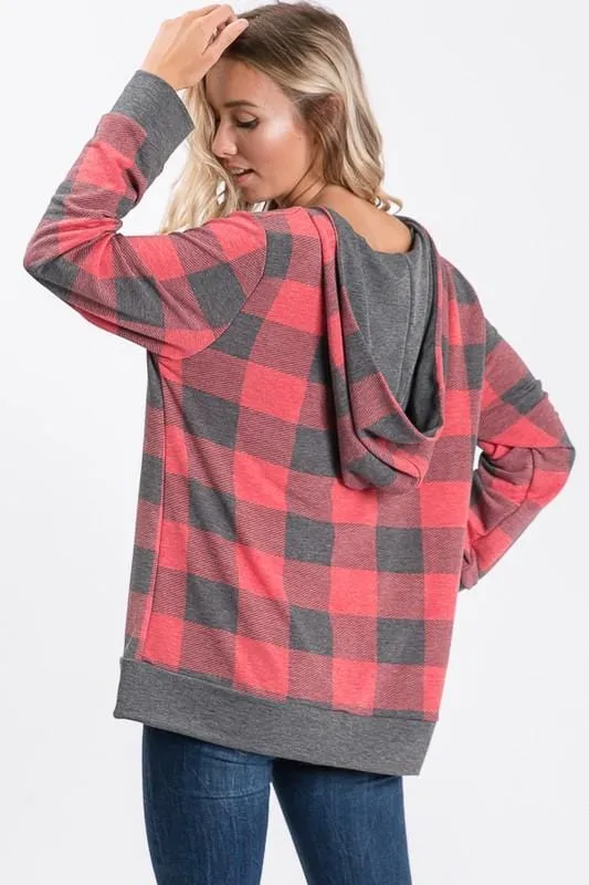 Peyton Plaid V-Neck Hooded Top