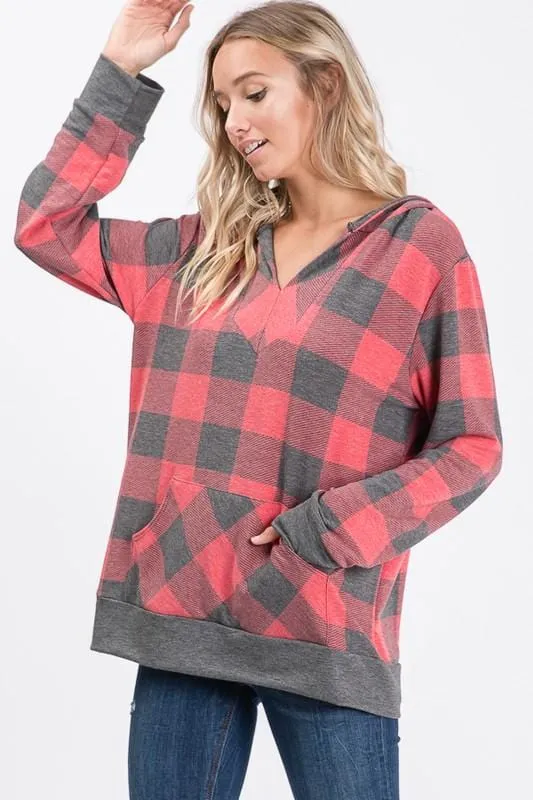 Peyton Plaid V-Neck Hooded Top