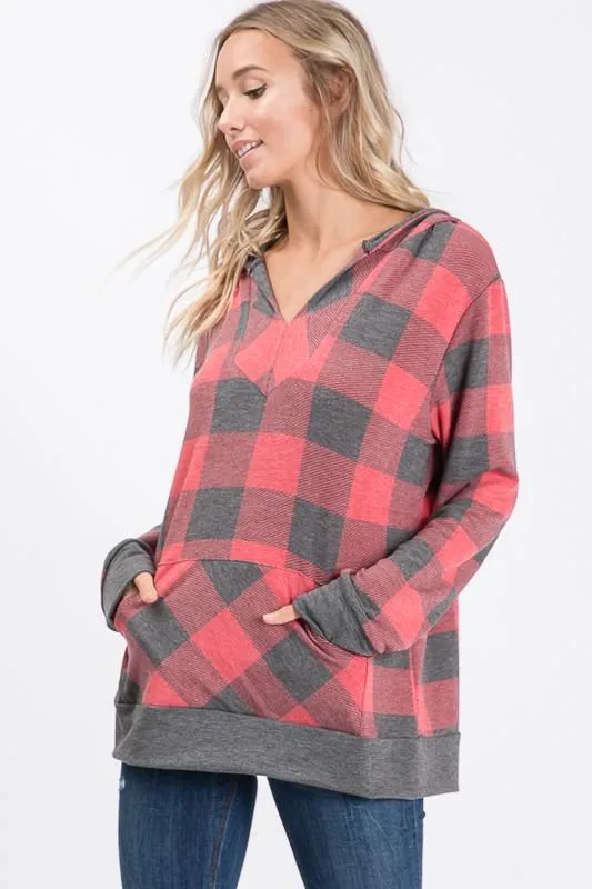 Peyton Plaid V-Neck Hooded Top