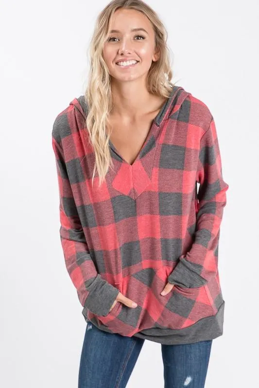 Peyton Plaid V-Neck Hooded Top