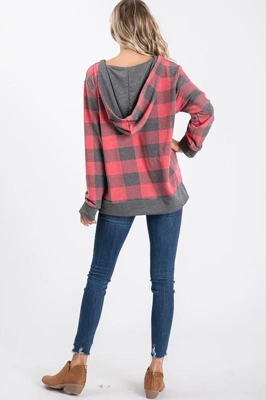 Peyton Plaid V-Neck Hooded Top