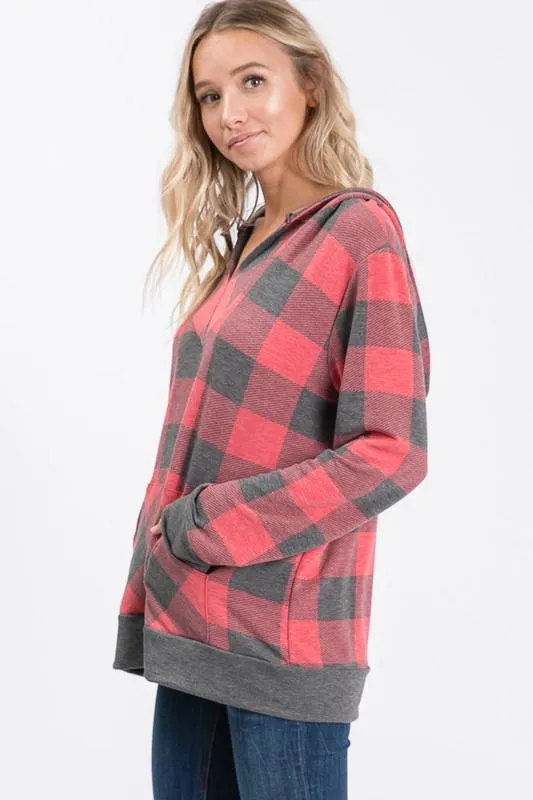 Peyton Plaid V-Neck Hooded Top