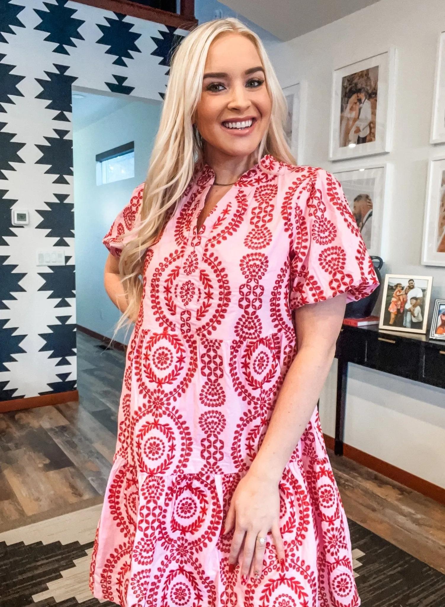 Pink & Red Eyelet Embroidered Shift Dress