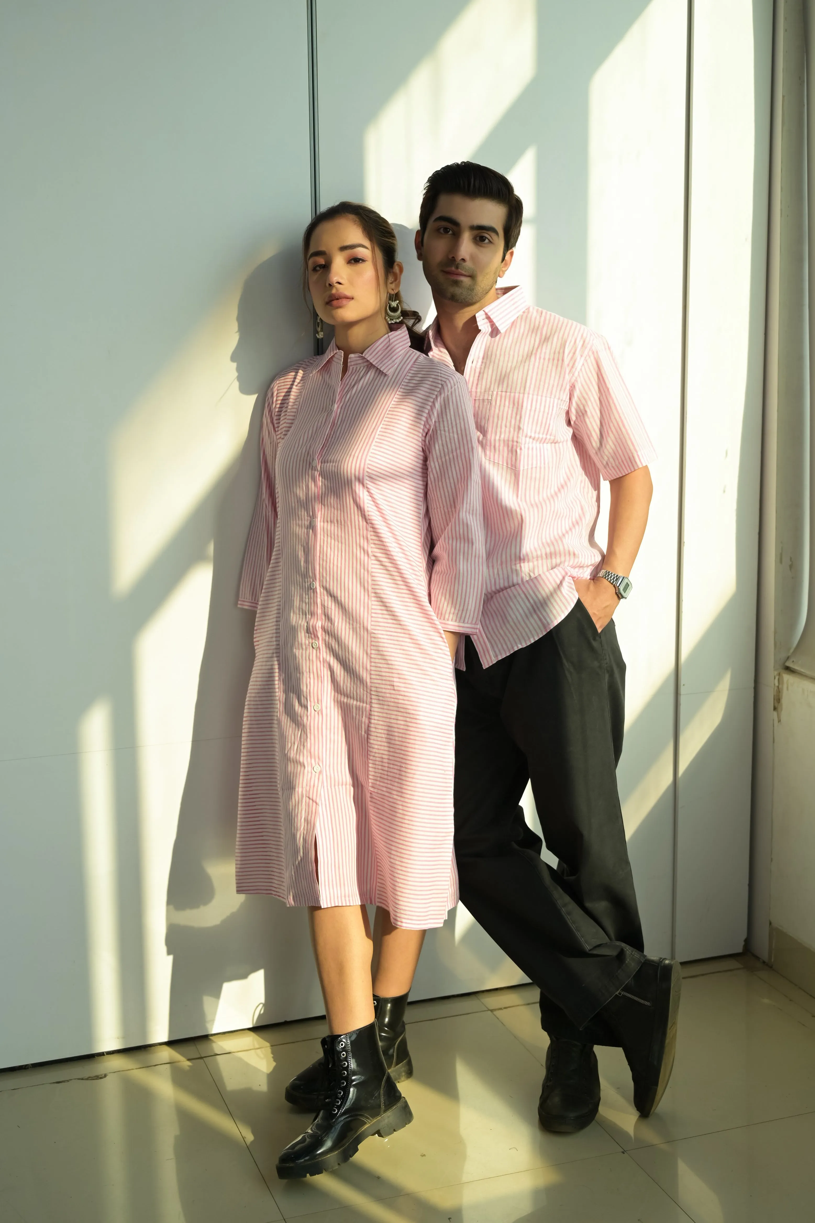 Pink striped collared half shirt