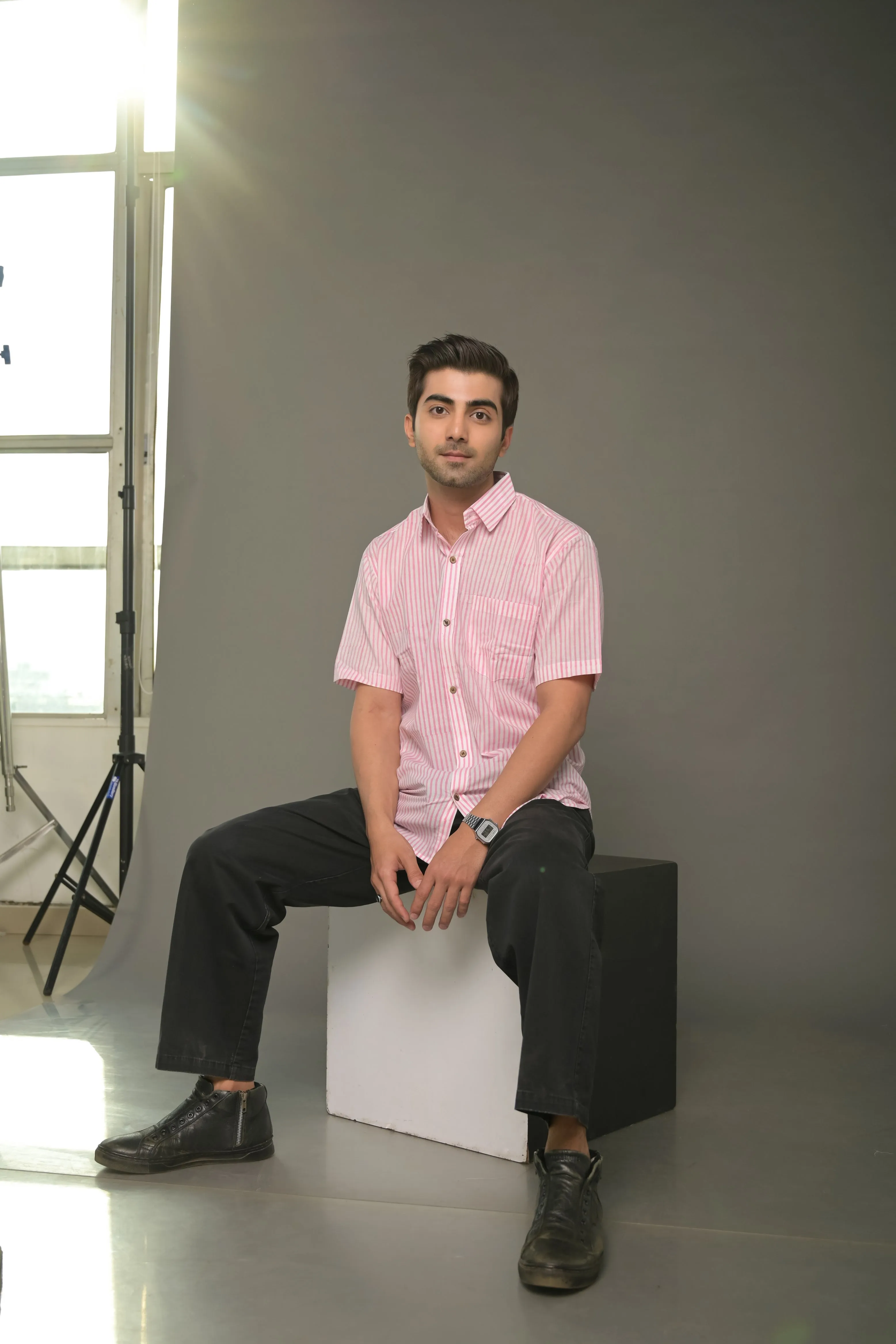 Pink striped collared half shirt