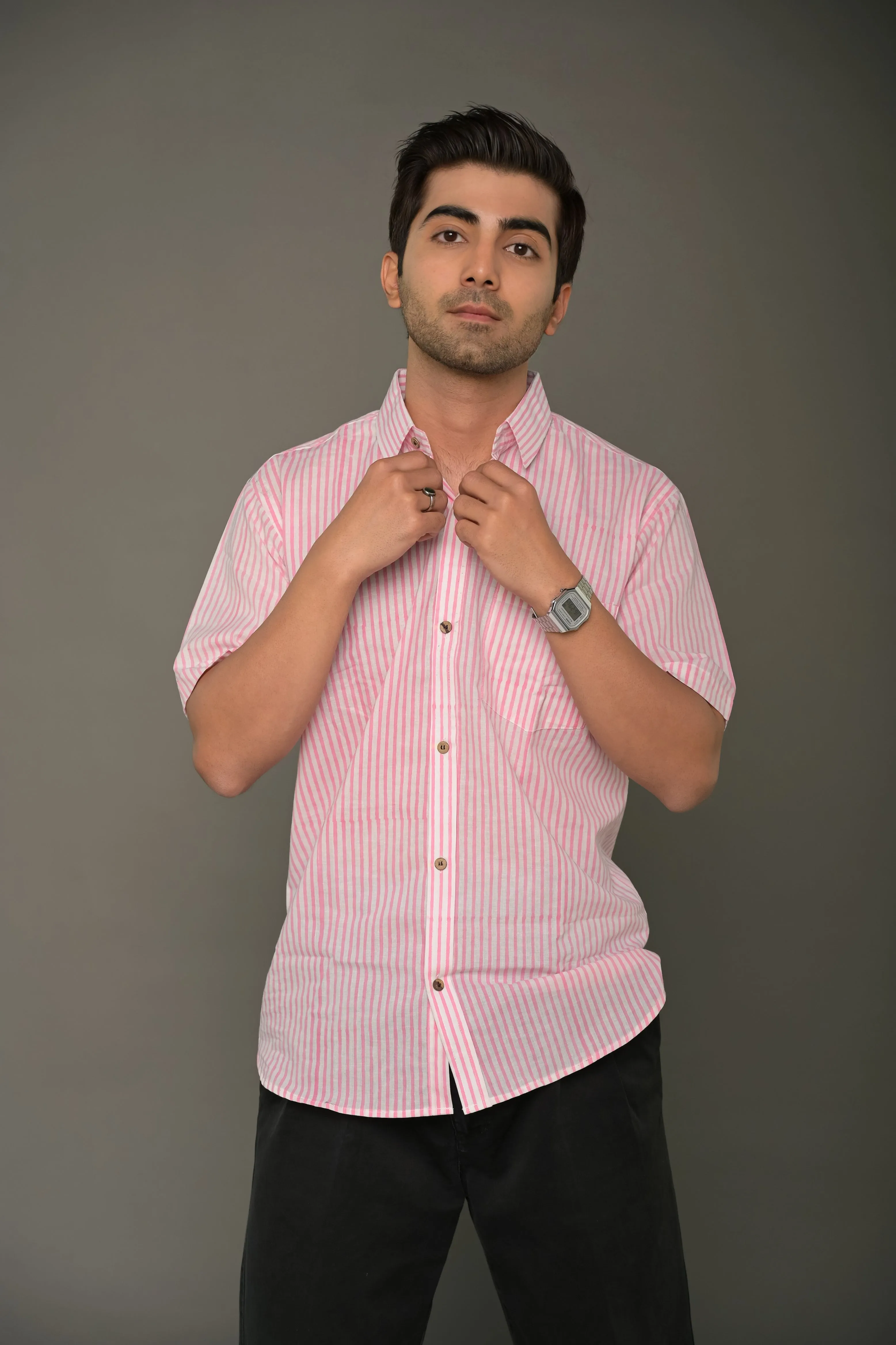 Pink striped collared half shirt