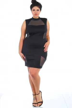 Plus Size Sexy Mesh Contrast Mockneck Dress