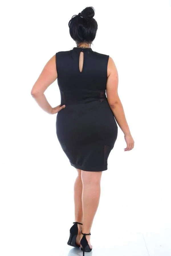 Plus Size Sexy Mesh Contrast Mockneck Dress