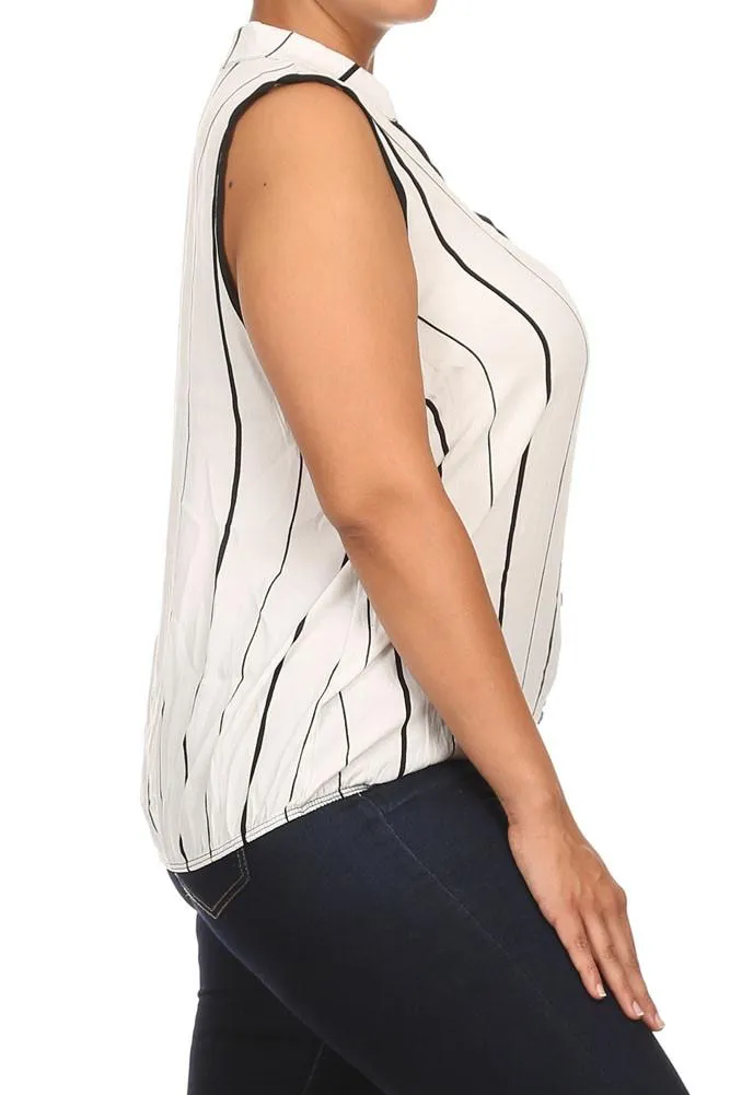 Plus Size Sleeveless Stripe Button Up White Blouse