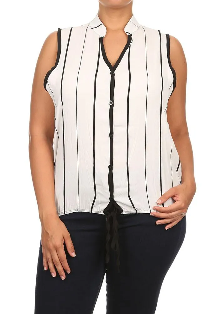 Plus Size Sleeveless Stripe Button Up White Blouse