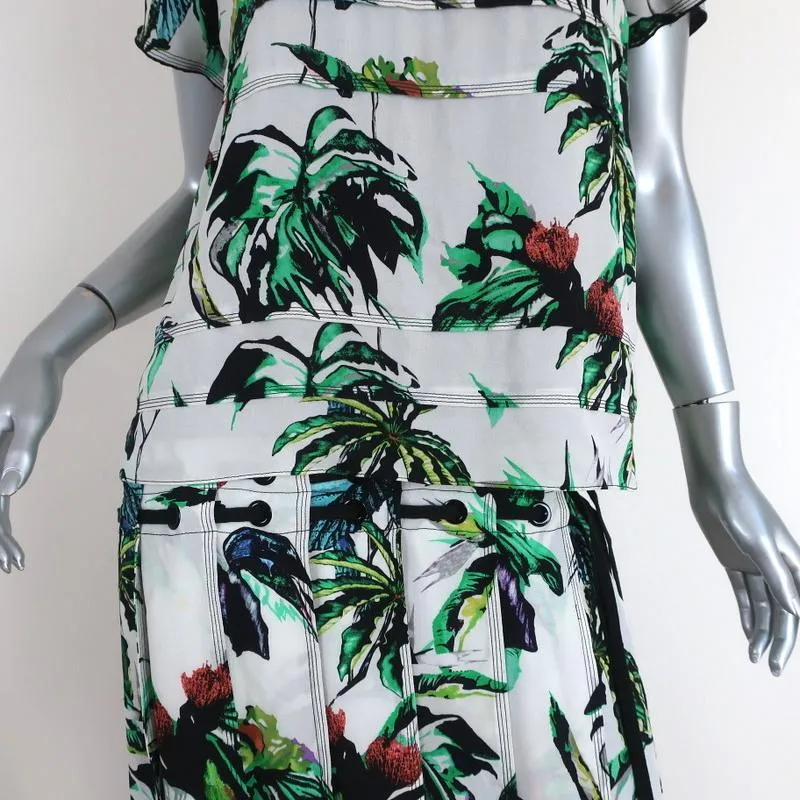 Proenza Schouler Dress White Tropical Print Silk Size 4 Short Sleeve Shift