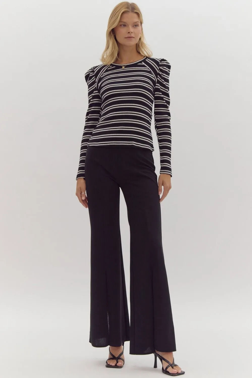 Puff Sleeve Knitted Top {Black   Cream}
