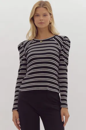 Puff Sleeve Knitted Top {Black   Cream}