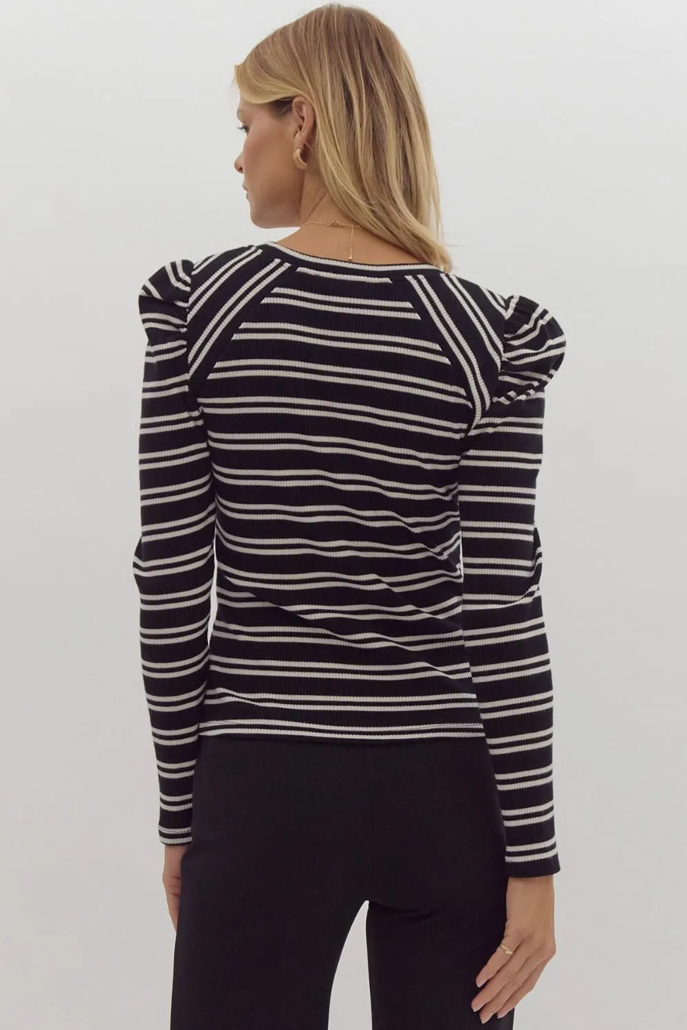 Puff Sleeve Knitted Top {Black   Cream}