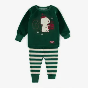 Pyjama vert des Fêtes deux-pièces en velours, bébé || Green two-pieces Holiday pajamas in velvet, baby