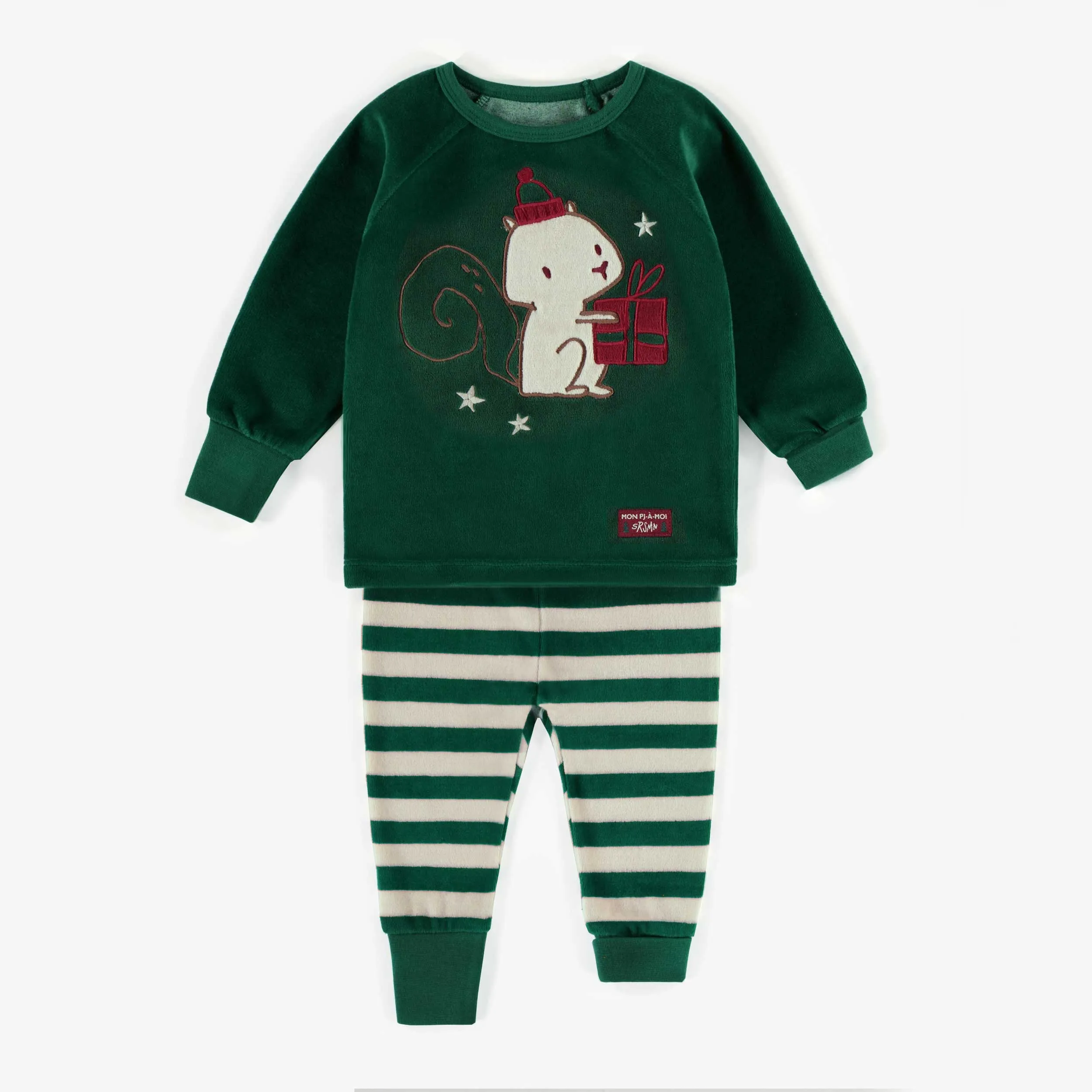 Pyjama vert des Fêtes deux-pièces en velours, bébé || Green two-pieces Holiday pajamas in velvet, baby