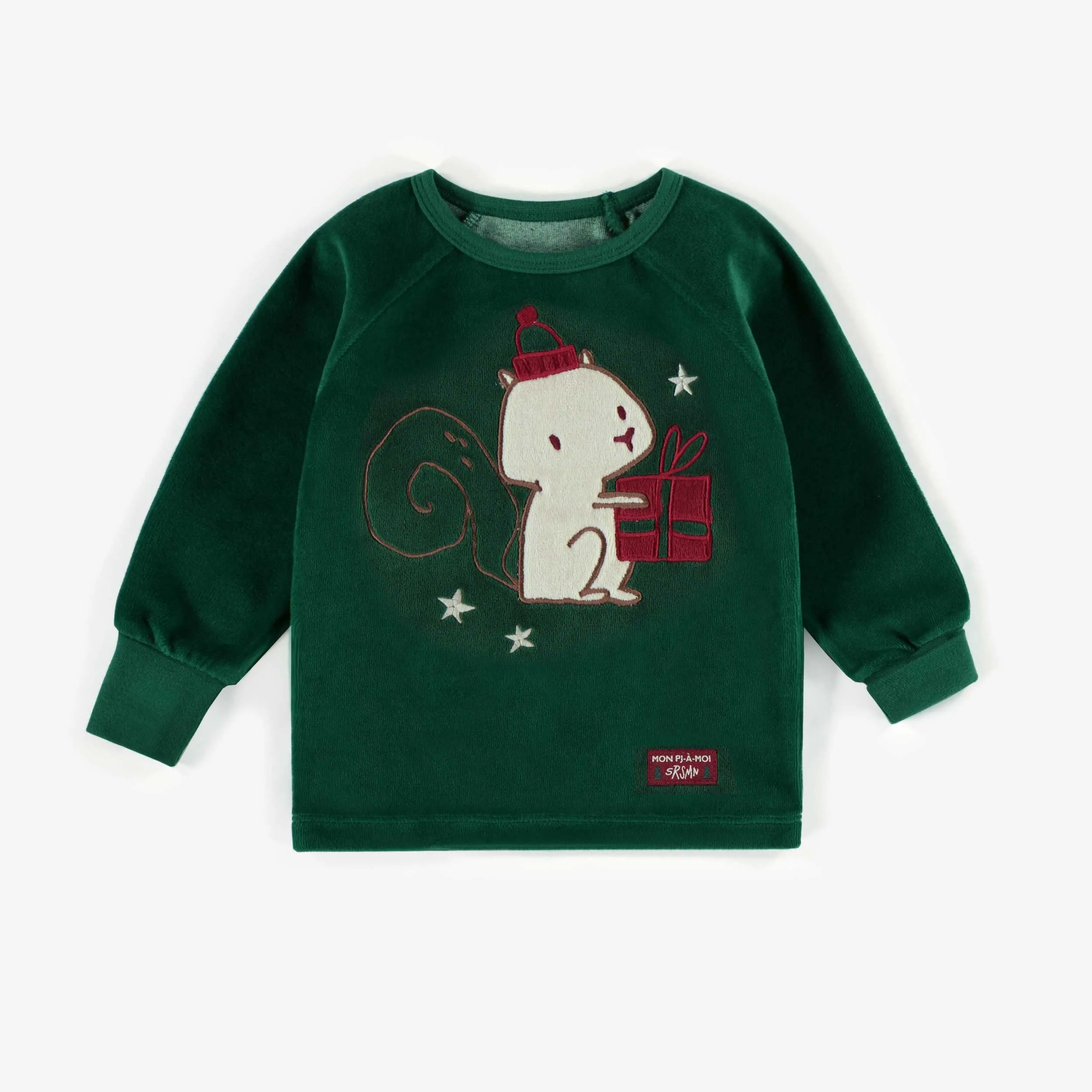 Pyjama vert des Fêtes deux-pièces en velours, bébé || Green two-pieces Holiday pajamas in velvet, baby