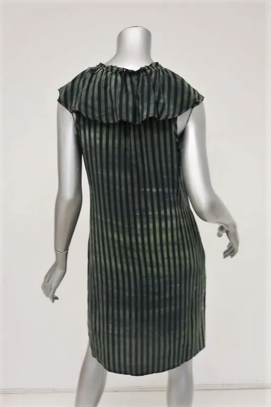 Raquel Allegra Dress Green/Black Striped Silk Size 0 V-Neck Sleeveless Shift
