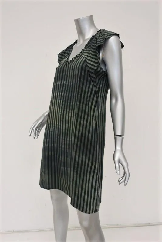 Raquel Allegra Dress Green/Black Striped Silk Size 0 V-Neck Sleeveless Shift