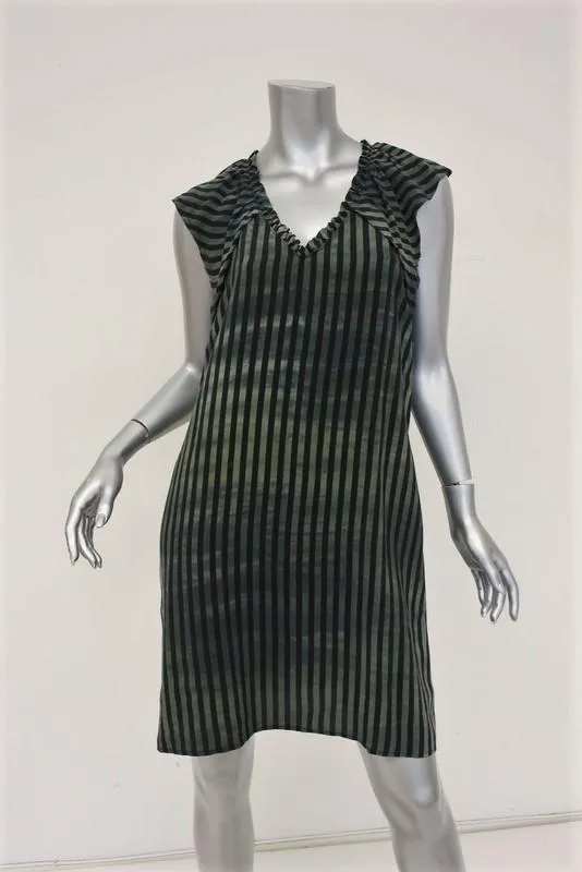 Raquel Allegra Dress Green/Black Striped Silk Size 0 V-Neck Sleeveless Shift
