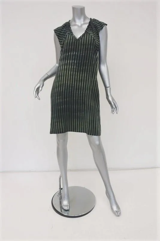 Raquel Allegra Dress Green/Black Striped Silk Size 0 V-Neck Sleeveless Shift