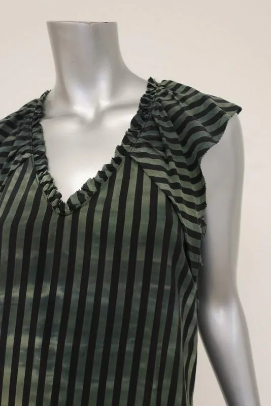 Raquel Allegra Dress Green/Black Striped Silk Size 0 V-Neck Sleeveless Shift