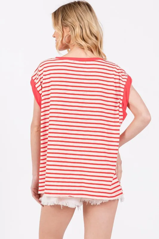 Red Side Slit Striped Cap Sleeve T-Shirt