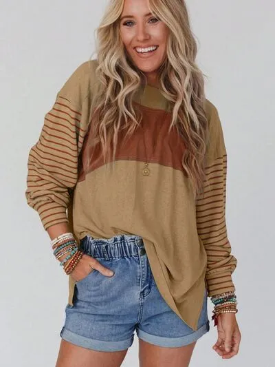 Round Neck Striped Long Sleeve Slit T-Shirt (5 Colors)