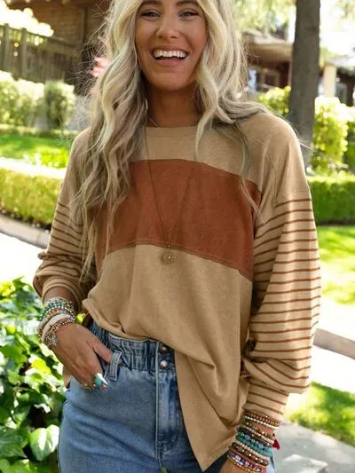 Round Neck Striped Long Sleeve Slit T-Shirt (5 Colors)