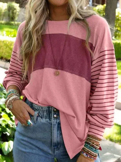 Round Neck Striped Long Sleeve Slit T-Shirt (5 Colors)
