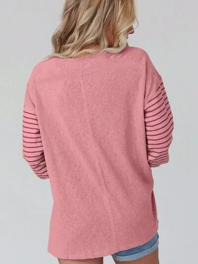 Round Neck Striped Long Sleeve Slit T-Shirt (5 Colors)