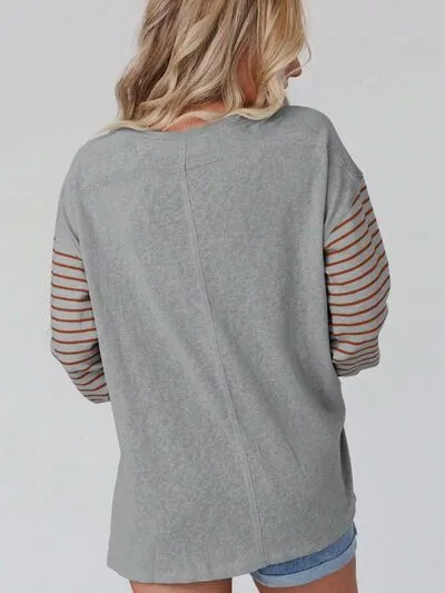 Round Neck Striped Long Sleeve Slit T-Shirt (5 Colors)