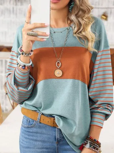 Round Neck Striped Long Sleeve Slit T-Shirt (5 Colors)