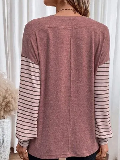 Round Neck Striped Long Sleeve Slit T-Shirt (5 Colors)