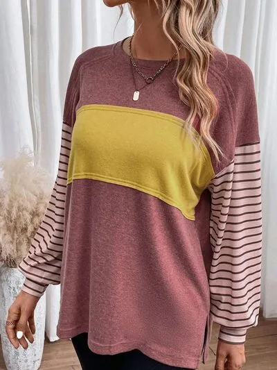 Round Neck Striped Long Sleeve Slit T-Shirt (5 Colors)