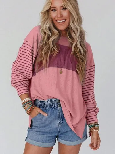 Round Neck Striped Long Sleeve Slit T-Shirt (5 Colors)